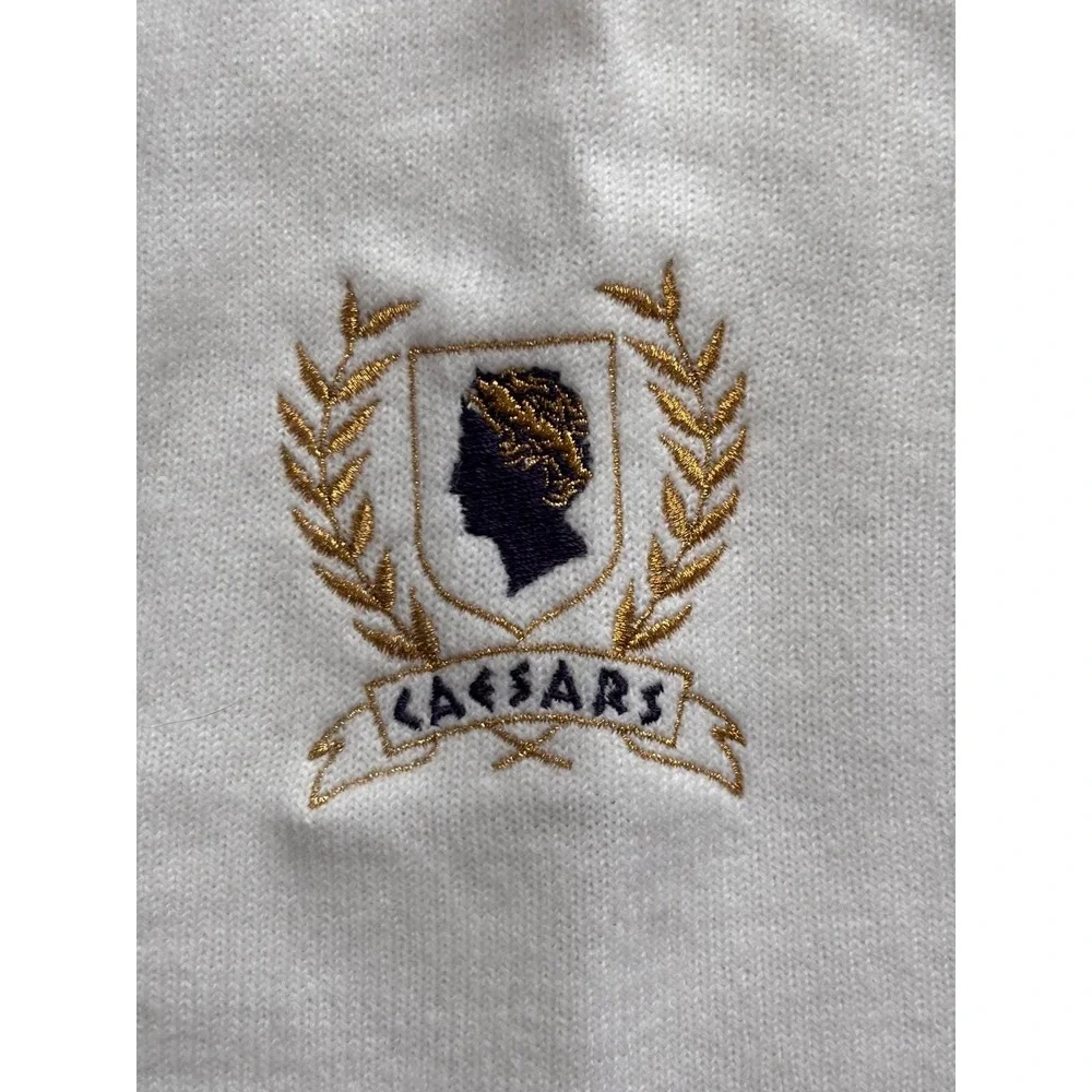 Vintage Caesars Palace Mens XL V-Neck Sweater White Cashmerlon Embroidered Crest